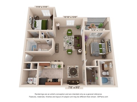 Floor plan for 2 beds, 2 baths, 1059 sqft